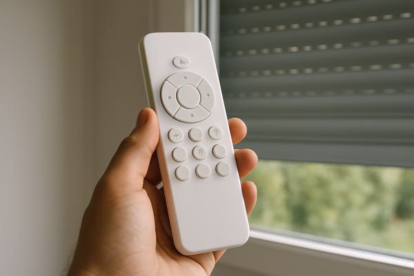 Gros plan d'une télécommande blanche à plusieurs boutons tenue en main devant une fenêtre à volet roulant — Dépannage Volet Nice