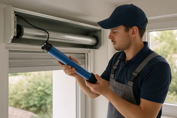 Technicien qui insère un moteur tubulaire dans l'axe d'un volet roulant, coffre ouvert, intérieur soigné — Dépannage Volet Nice