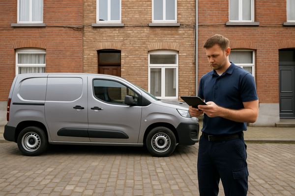 Camionnette grise sans inscription devant une maison mitoyenne belge, technicien qui consulte une tablette — Dépannage Volet Nice